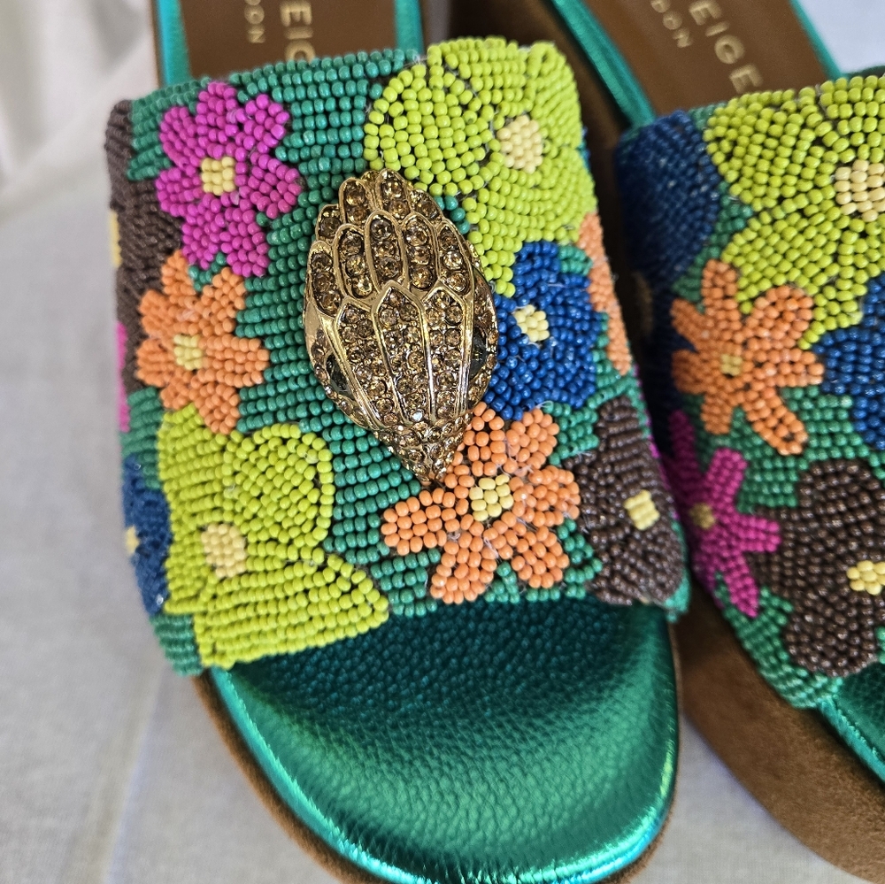 Kurt Geiger Beaded Floral Slide Mules in Teal, Green, Pink, Orange - Picture 2 of 16
